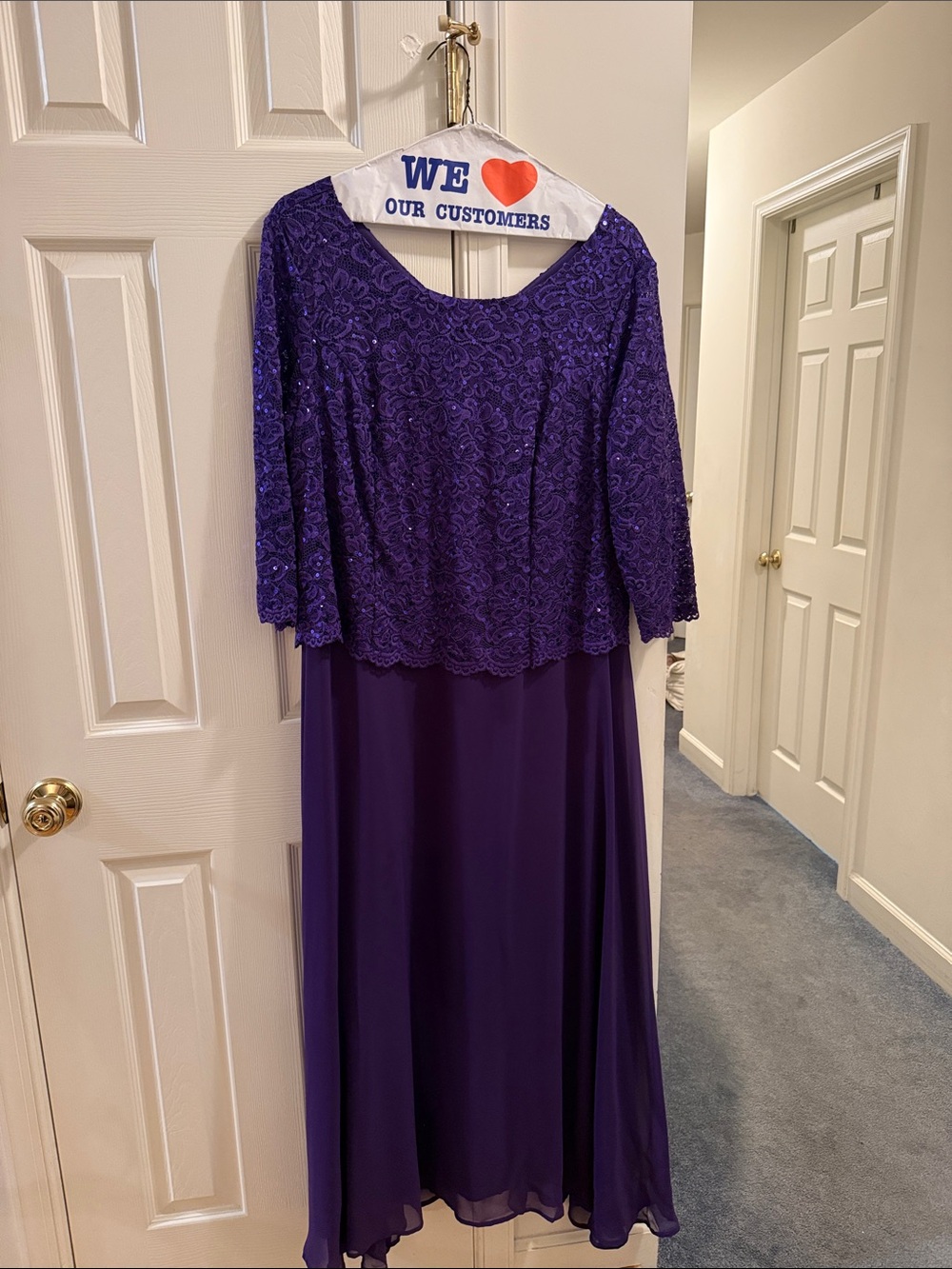 Roaman's Deep Purple Lace Overlay Long Sleeve Evening Gown
